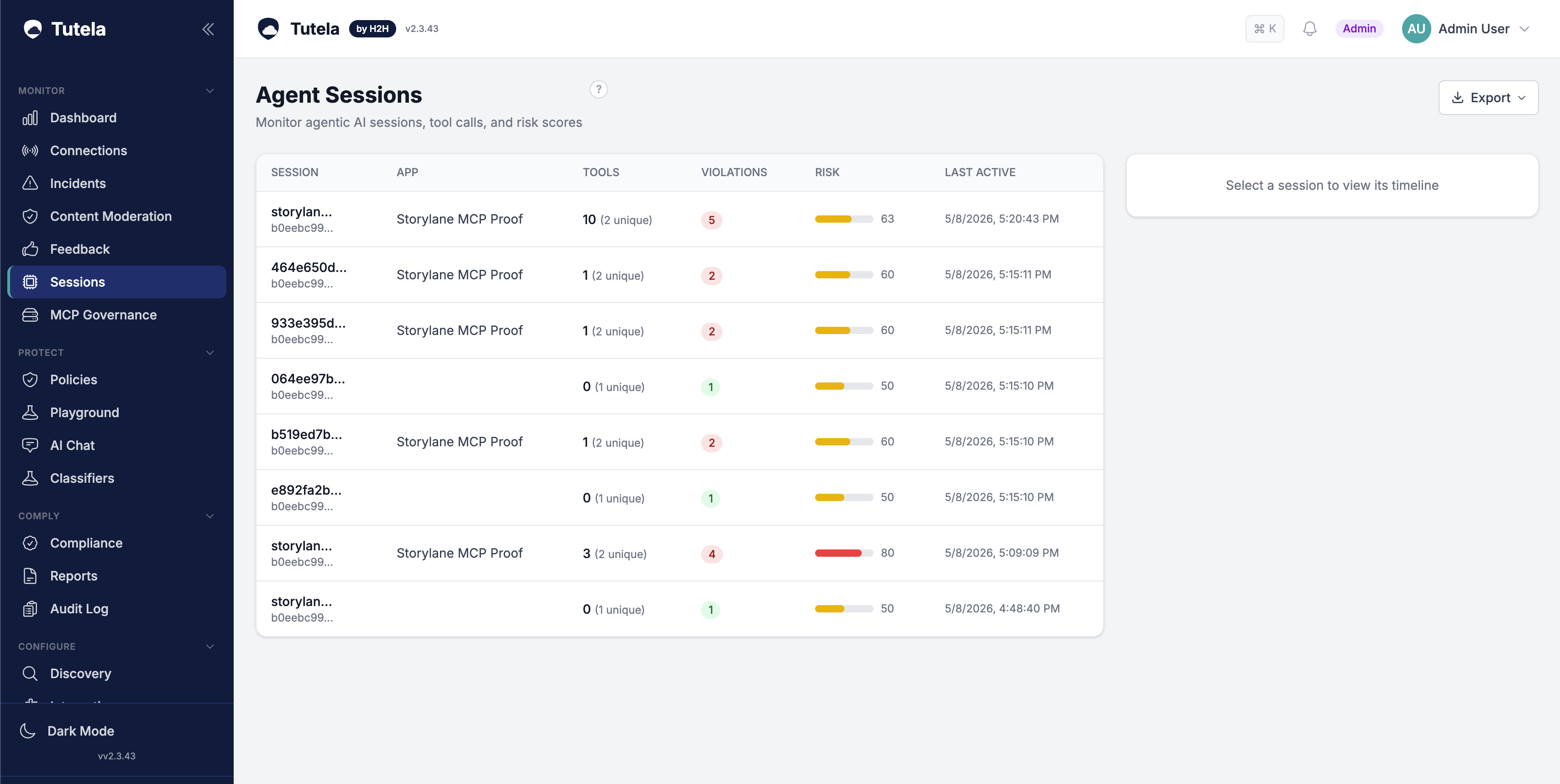 Tutela Agentic Security agent sessions showing tools, violations, risk scores, and recent activity