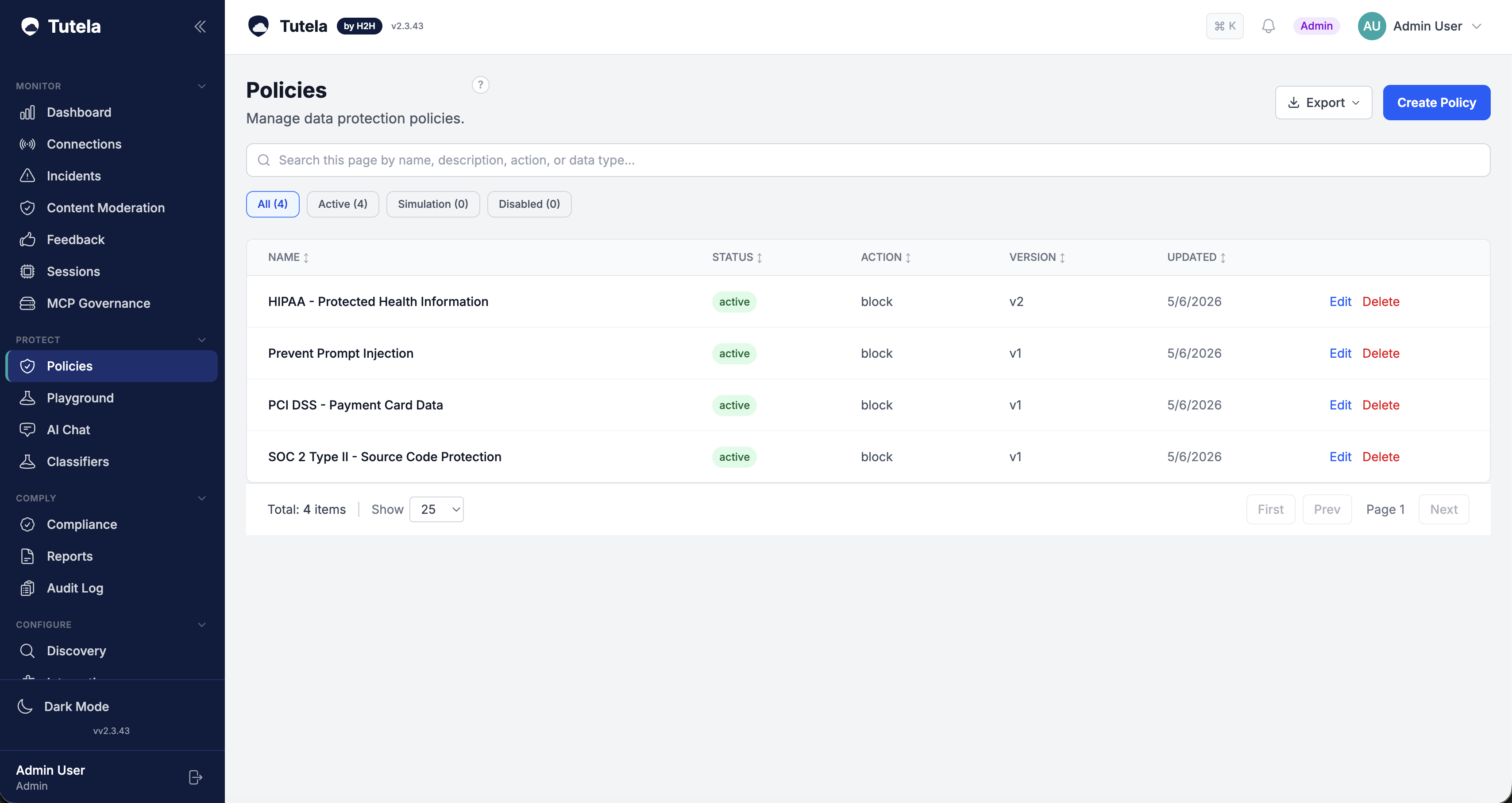 Tutela Agentic Security policies view showing active HIPAA, prompt injection, PCI DSS, and SOC 2 protection policies.