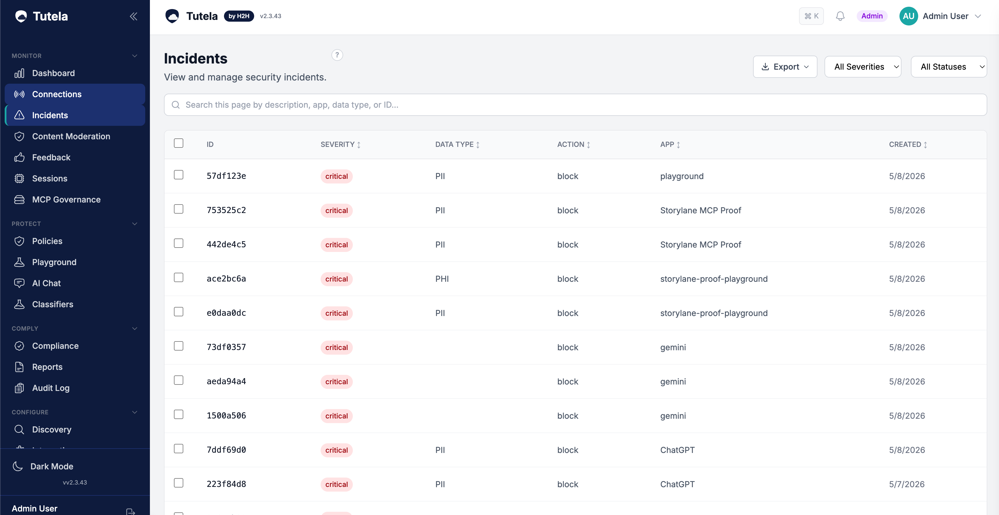Tutela Agentic Security incidents view showing severity, sensitive data type, policy action, app, and created date.