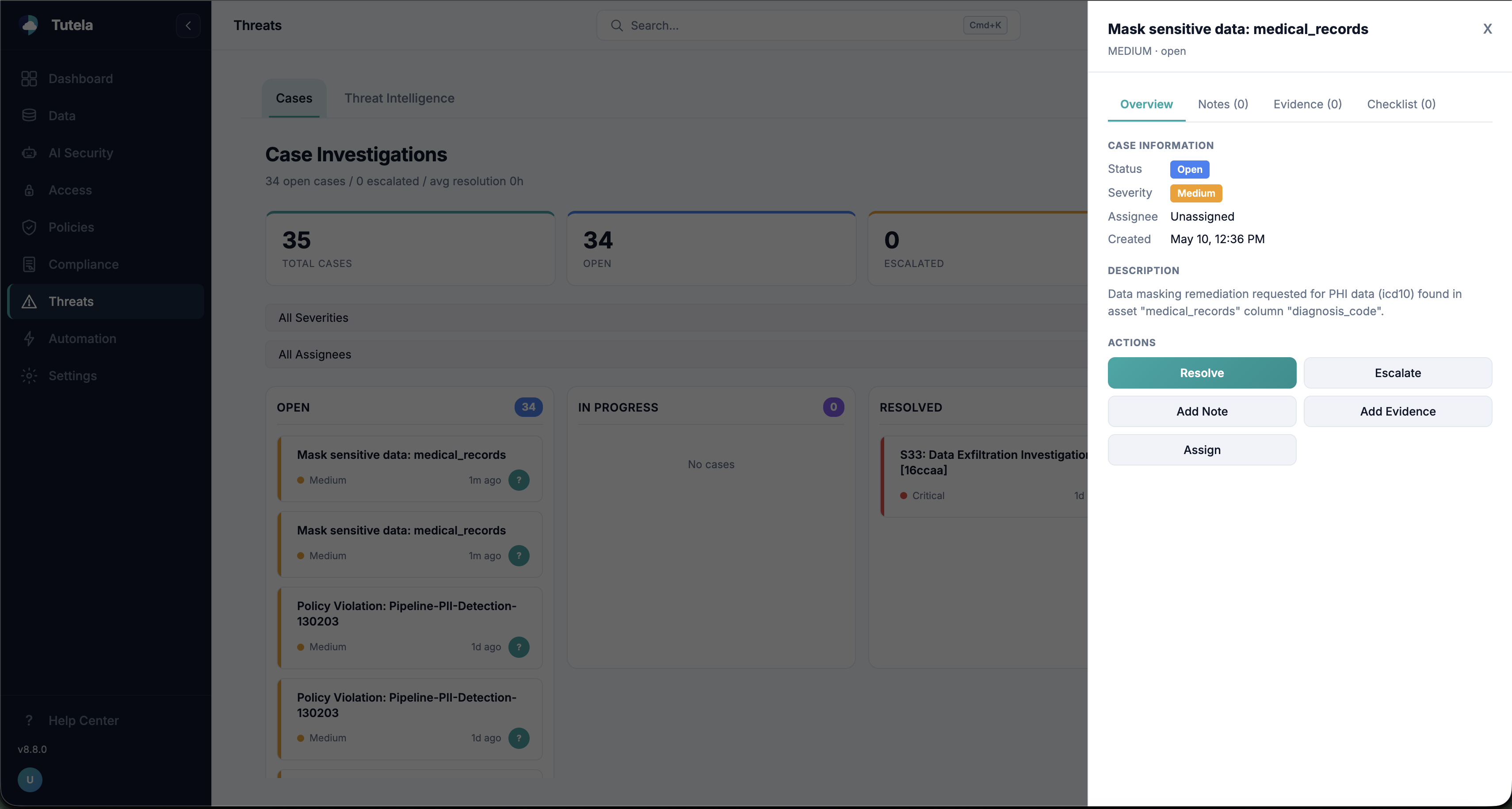 Tutela Data Security remediation case for masking sensitive medical records with resolve, escalate, note, evidence, and assignment actions.